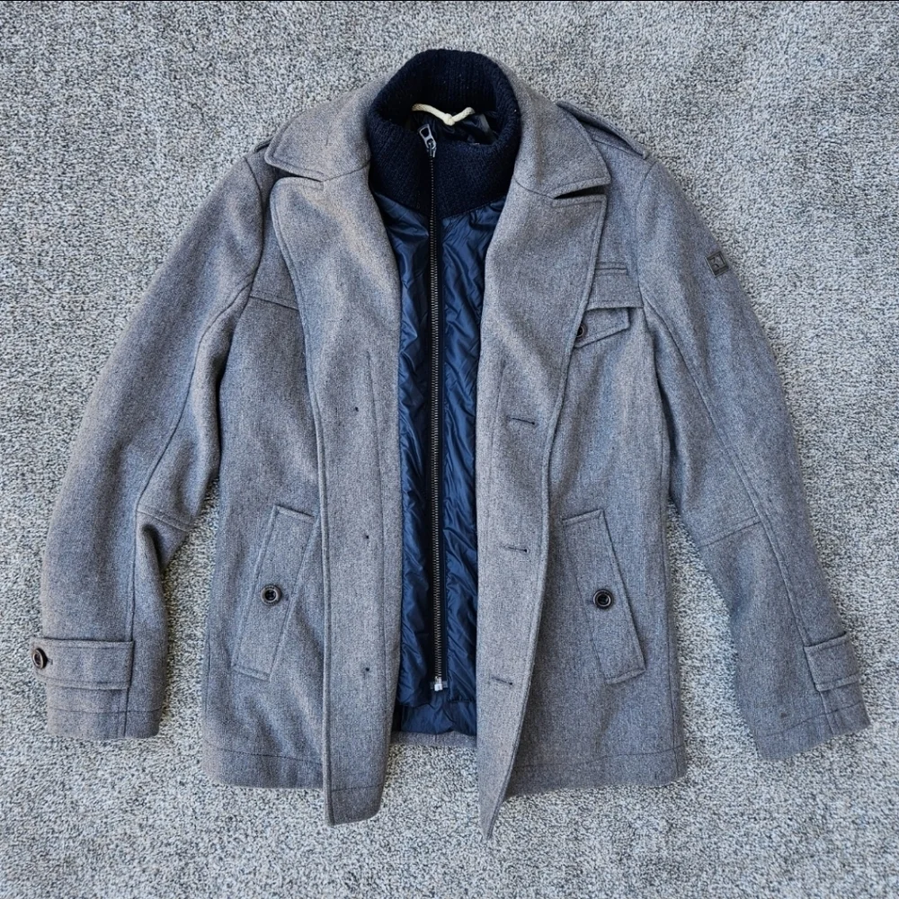 Hugo Boss Orange Wool Field Jacket Heavy Warm Coat Gray Blue Mens Size 42R